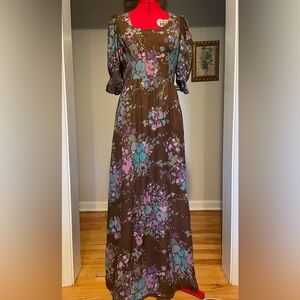 Vintage 1970s Bohemian Floral Maxi Dress With Puffy Sleeves Cottage Prairie Look